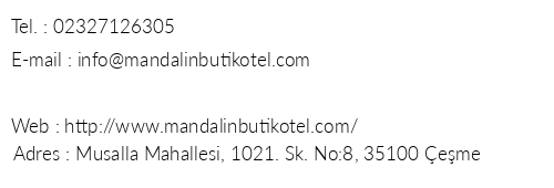 Mandalin Boutique Hotel telefon numaralar, faks, e-mail, posta adresi ve iletiim bilgileri